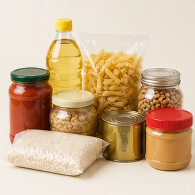 Rice, pasta, cooking oil, and tins