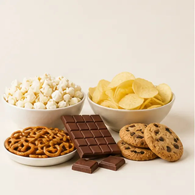 Popcorn, chips, chocolate, and cookies
