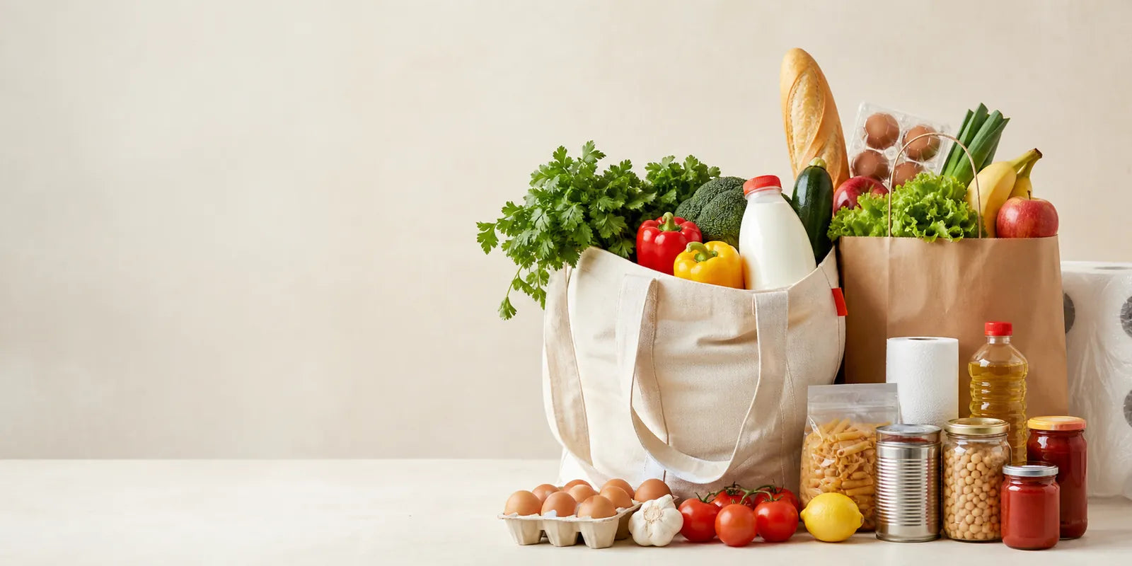Fresh groceries packed in reusable bags on a market counter