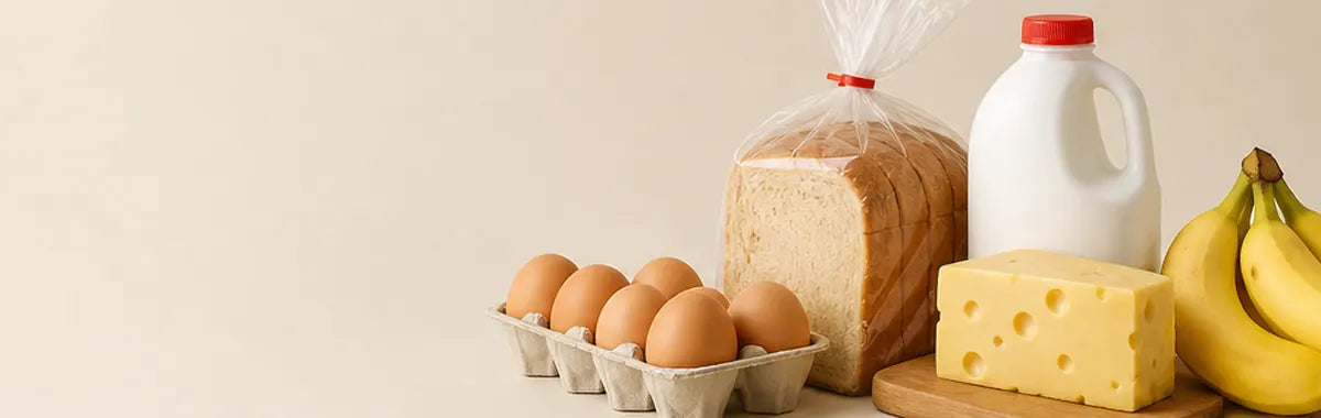 Eggs, milk, bread, cheese, and bananas for breakfast